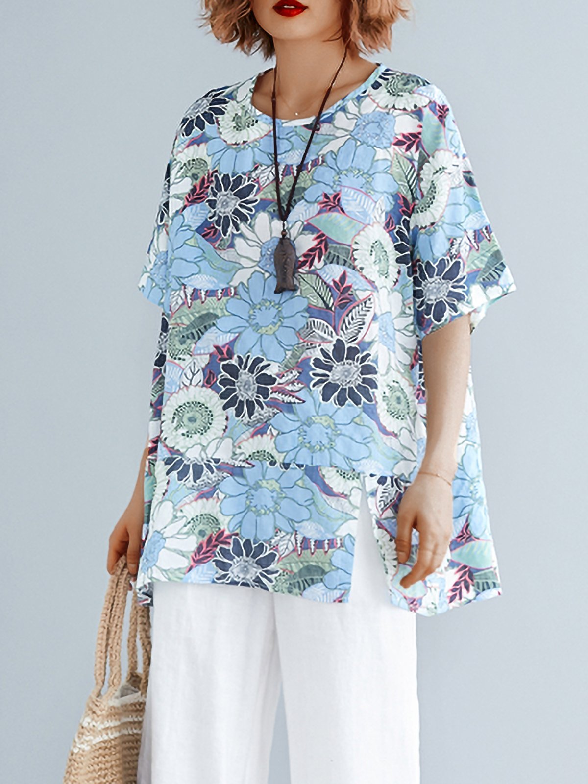 Plus Size Women Cotton And Linen Round Neck Short Sleeve Vintage Floral Casual Tops