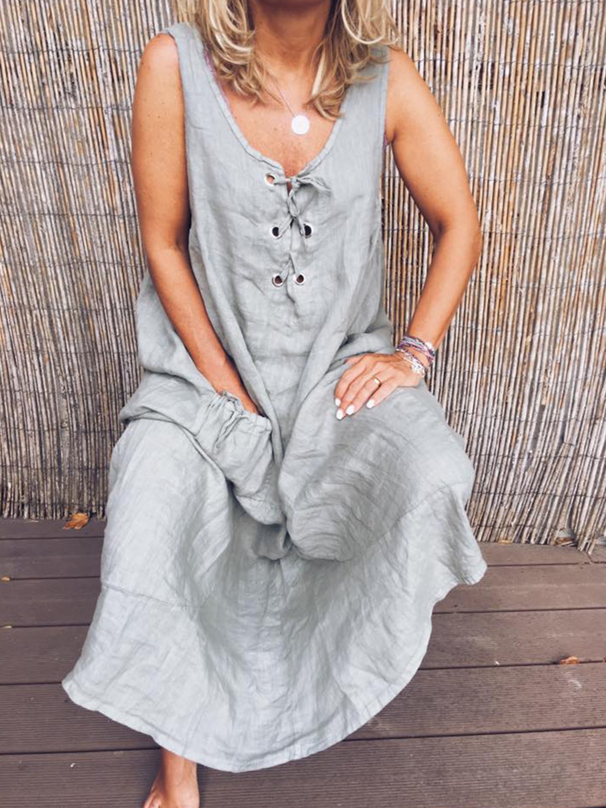 Vintage Spaghetti-Strap Solid Linen Maxi Dresses