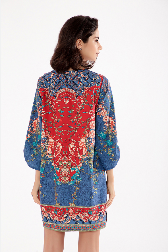 Tribal Boho 3/4 Sleeve Printed Tie-neck Dress