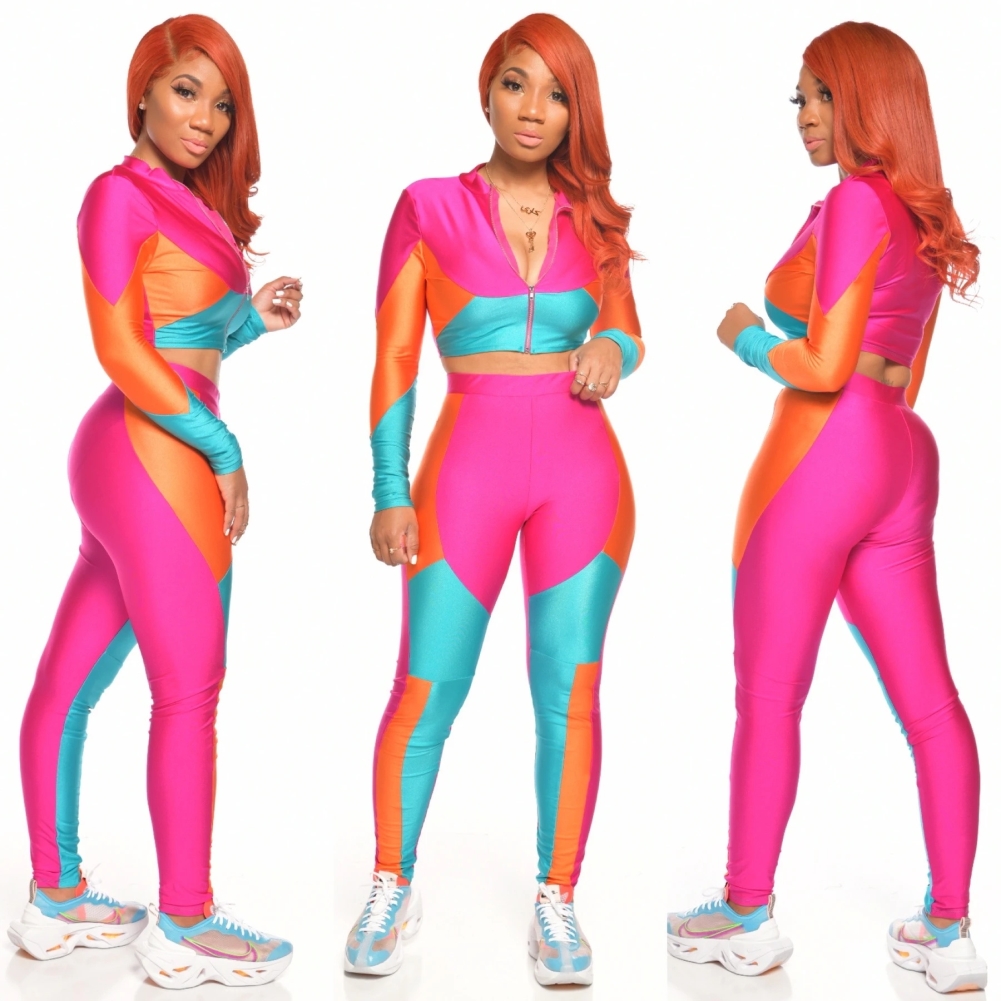 Sexy Contrast Two Piece Bodycon Pants Set