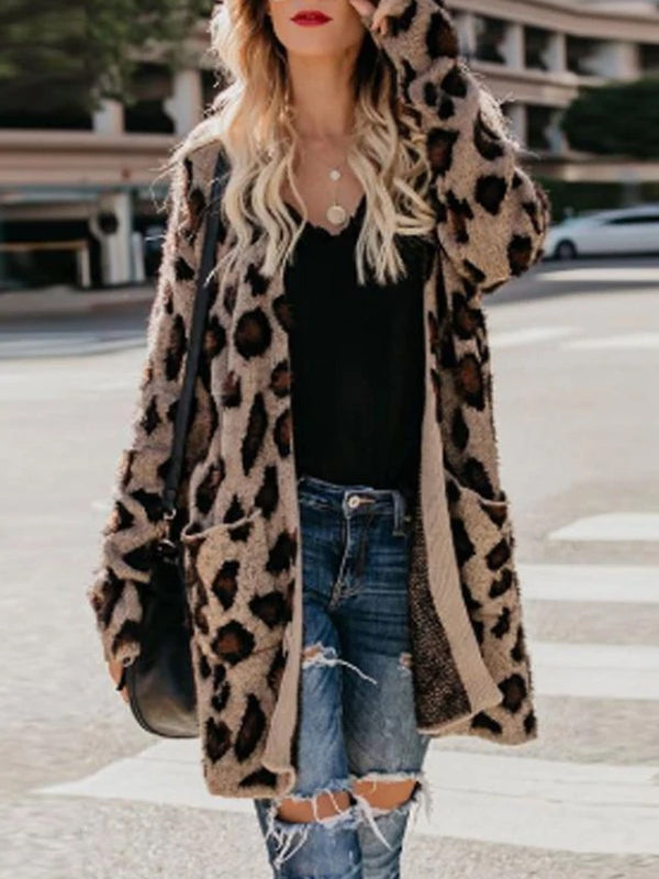 Collarless  Flap Pocket  Leopard Printed Cardigans