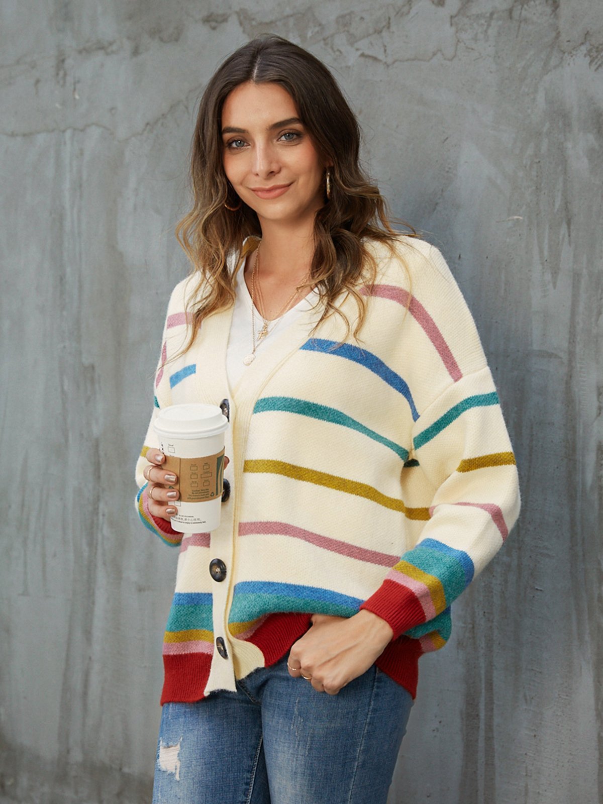 Beige Long Sleeve V Neck Sweater