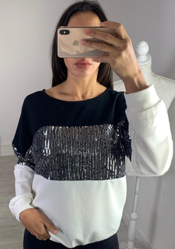 Color Block Sequins Round Neck Shirt with Sleeves