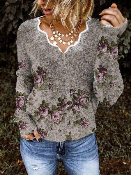 Long Sleeve V Neck Cotton-Blend Shirts & Tops
