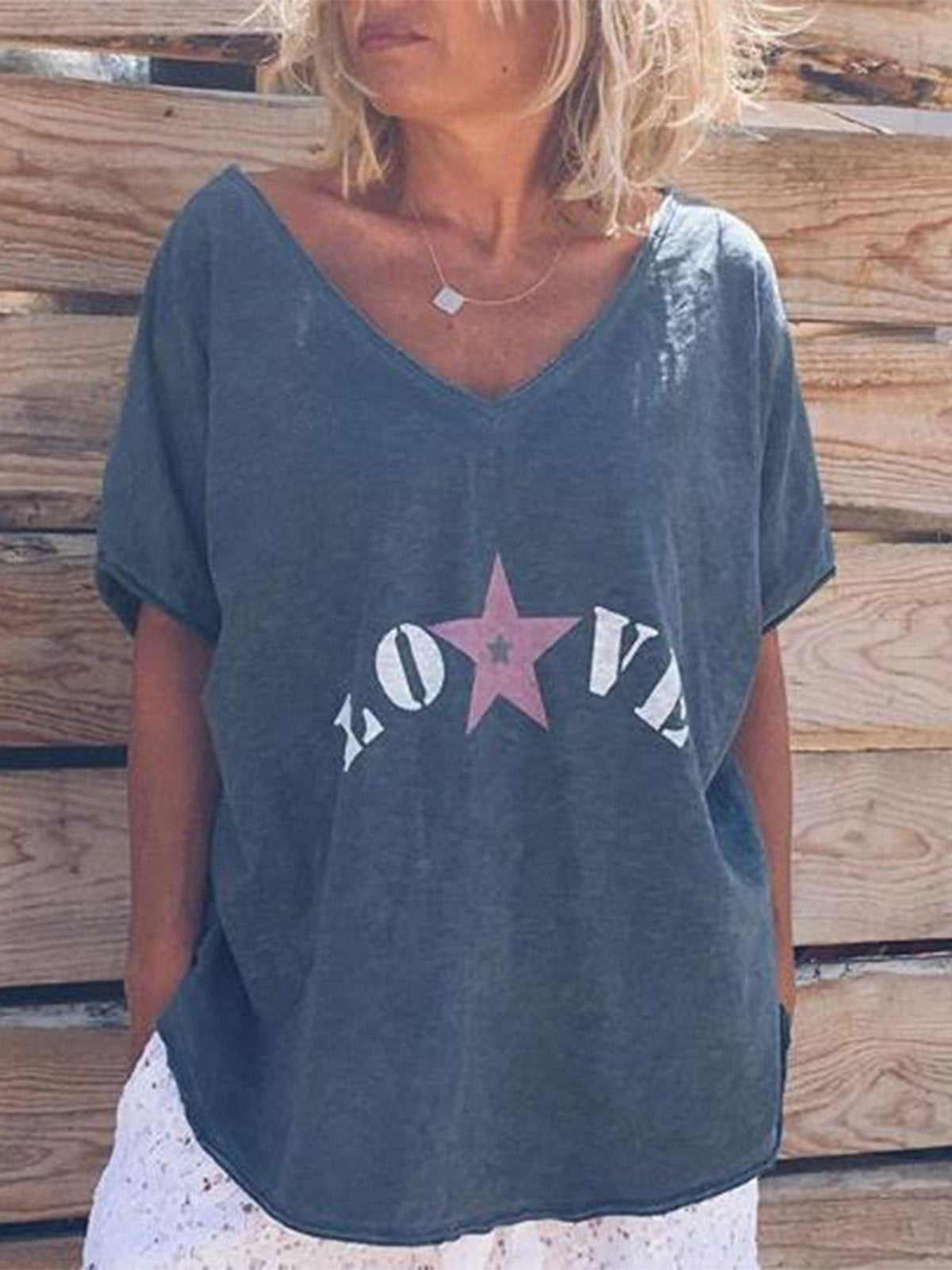 Casual V Neck Short Sleeve Letter Shirts