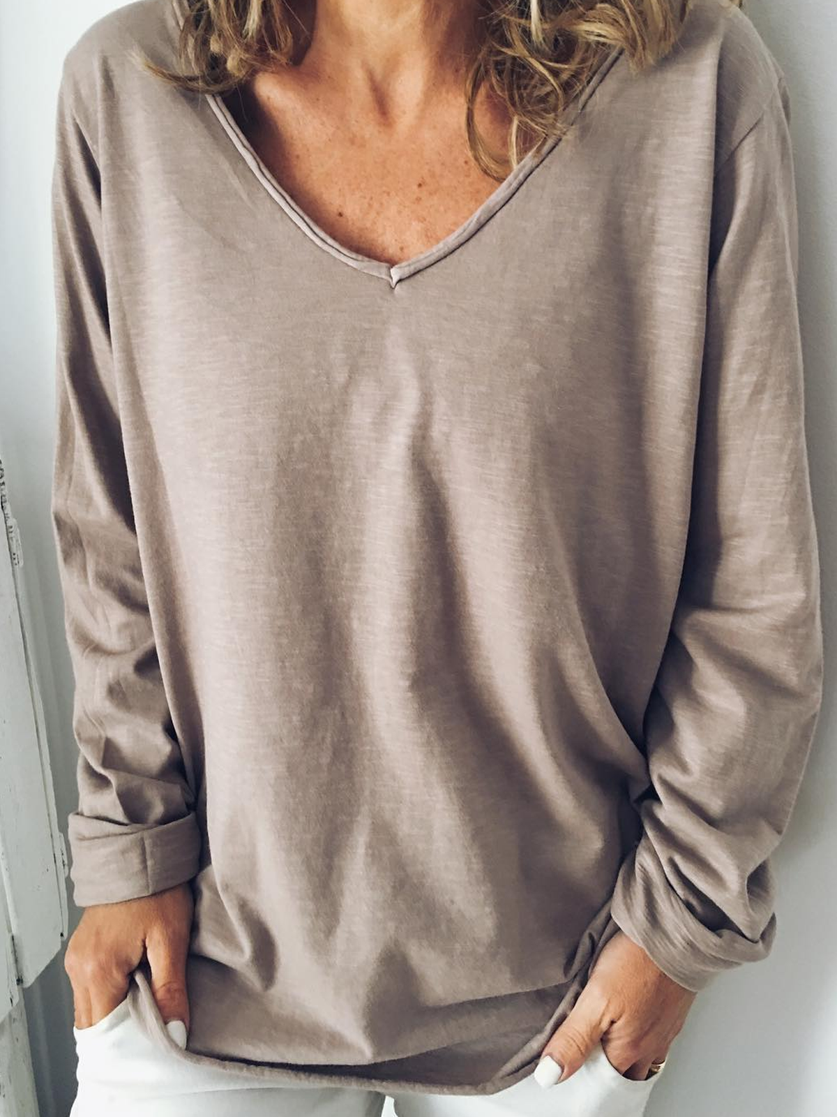 Grey Cotton-Blend Casual V Neck Shirts & Tops