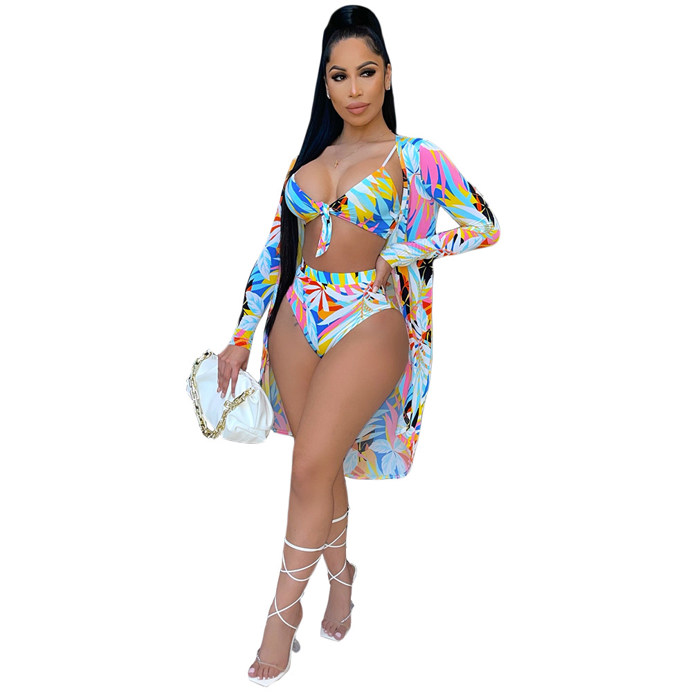 Fashion sexy printed cloak bikini three-piece swimsuit DY6991