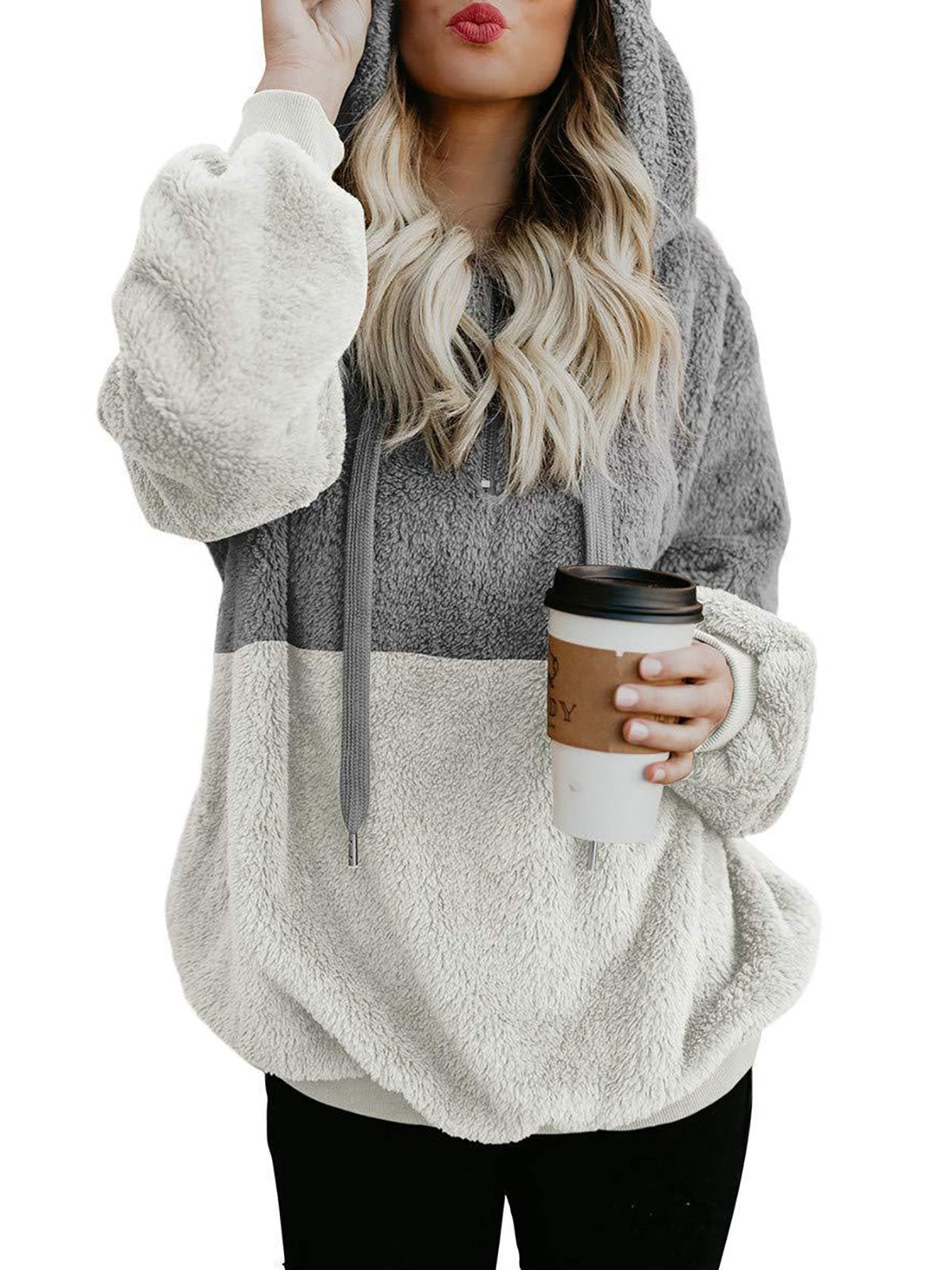 Women Fluffy Sherpa Coat Teddy Bear Rope Hoodies