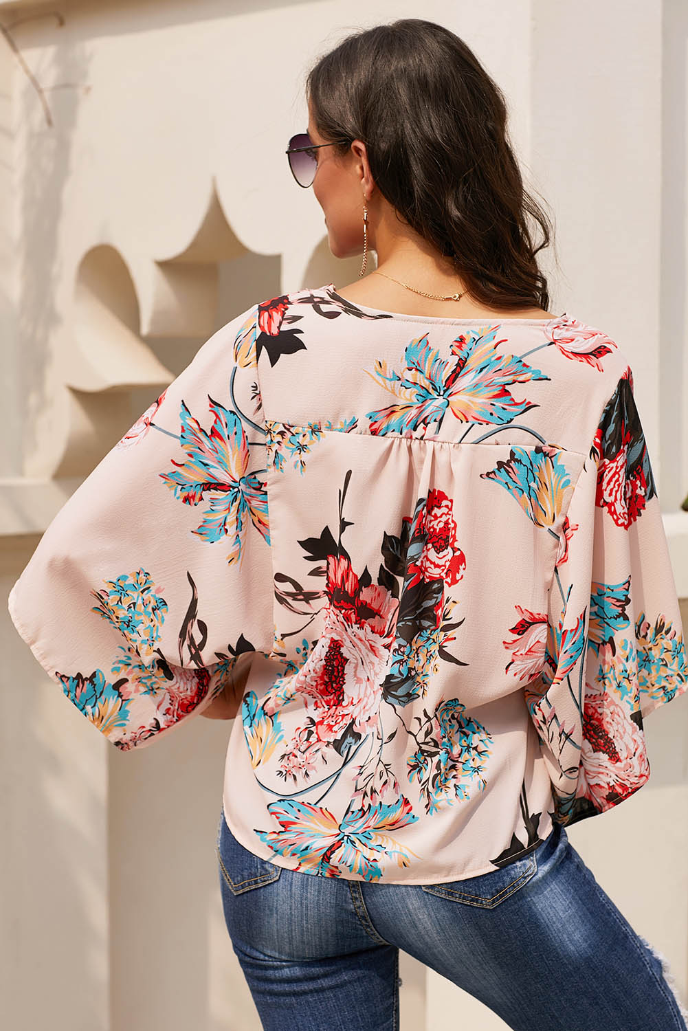 Apricot V Neck Floral Kimono Top