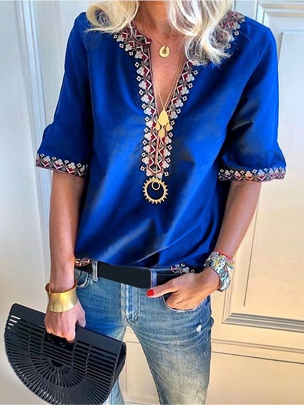 Casual Frill Sleeve Printed V Neck Large Size Blouse