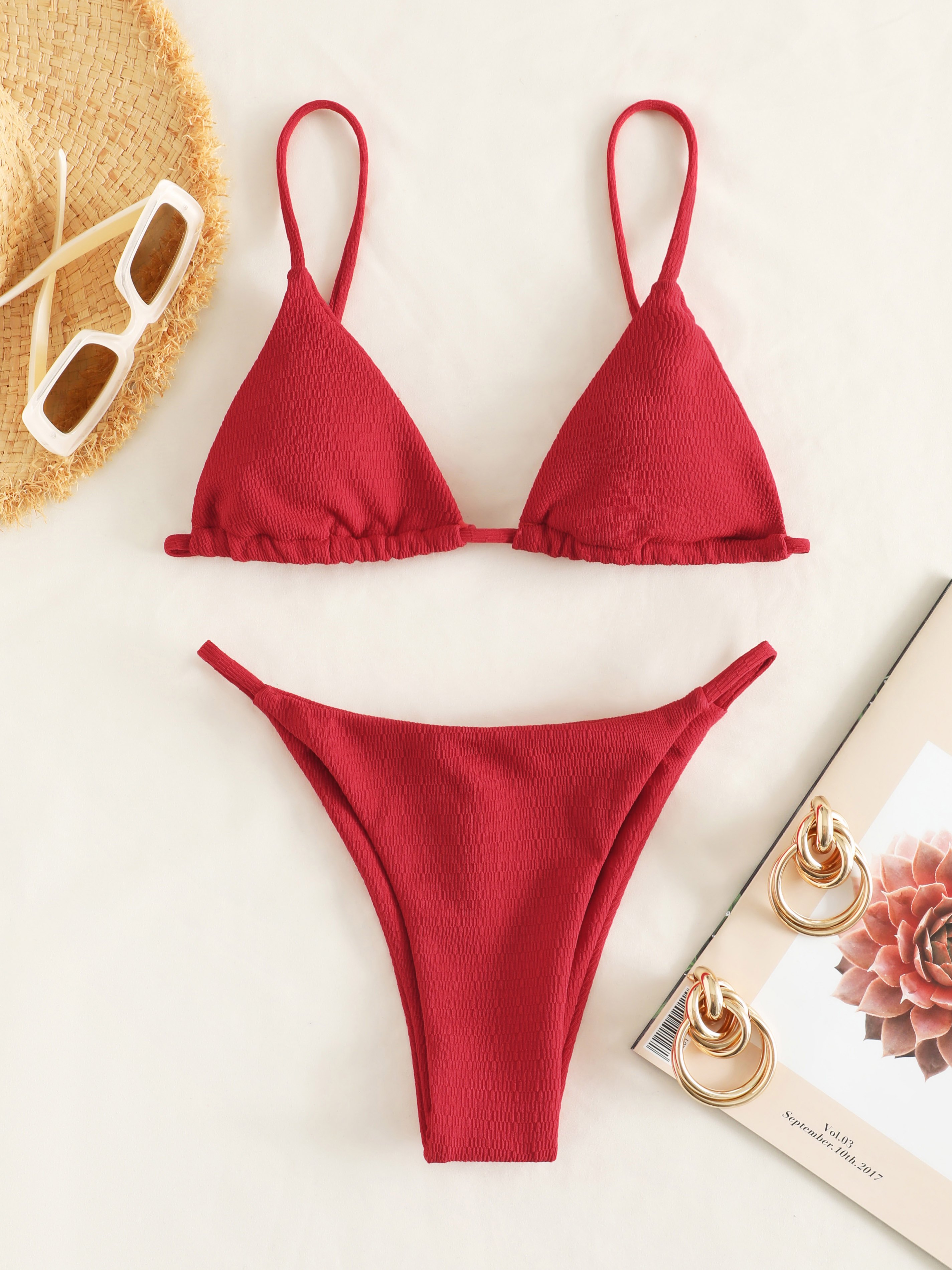 Ruffle Hem Solid Thong Bikini