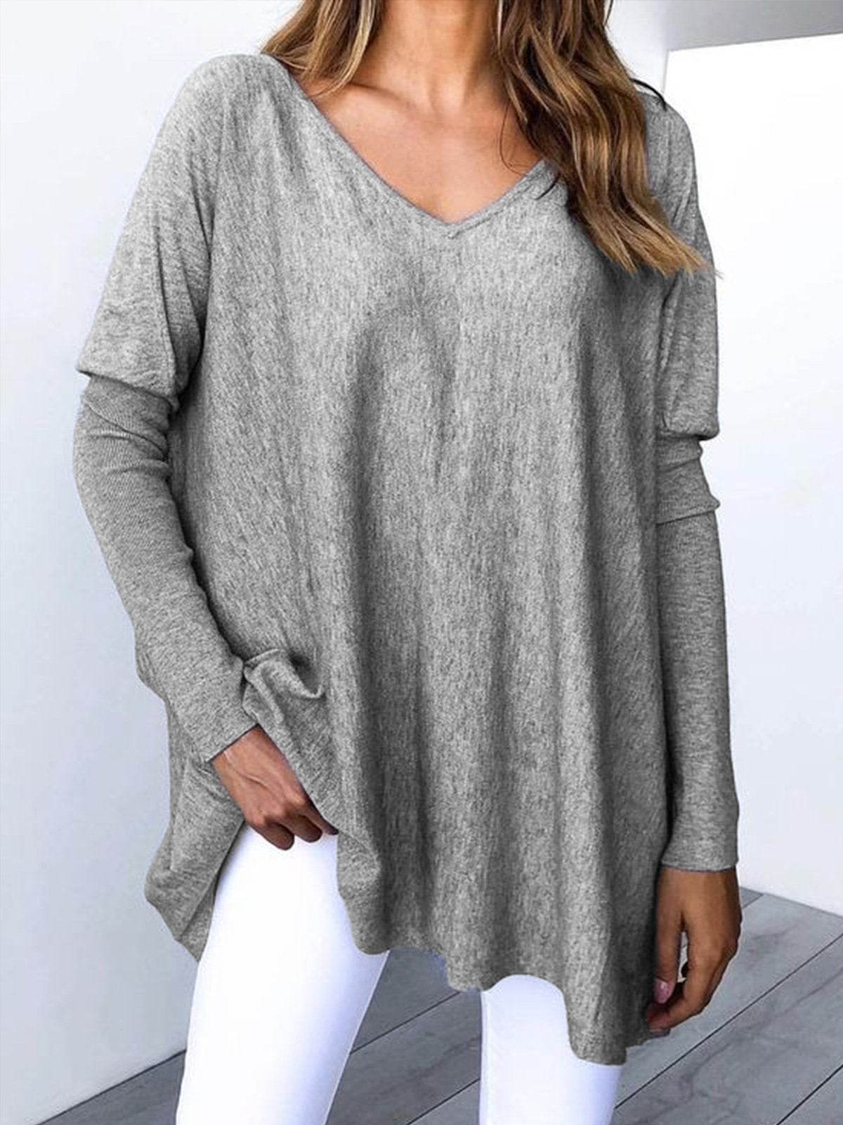Casual Plain V-neck Long Sleeve Shirt