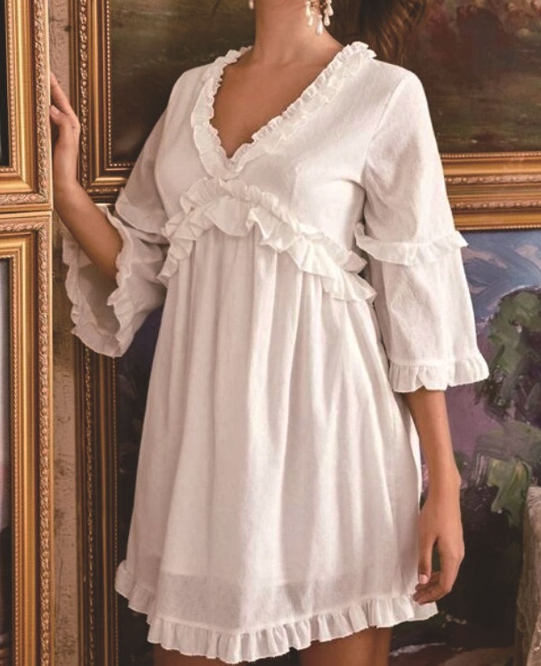 Autumn White V-Neck High Waist Ruffles Dress