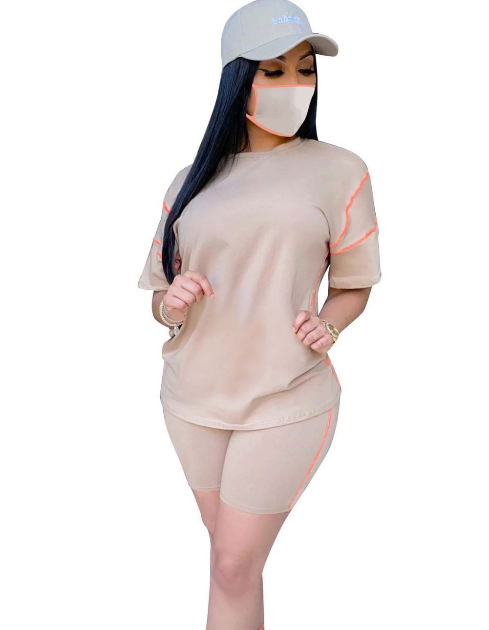 Summer Casual Two Piece Shorts Set with Face Cover