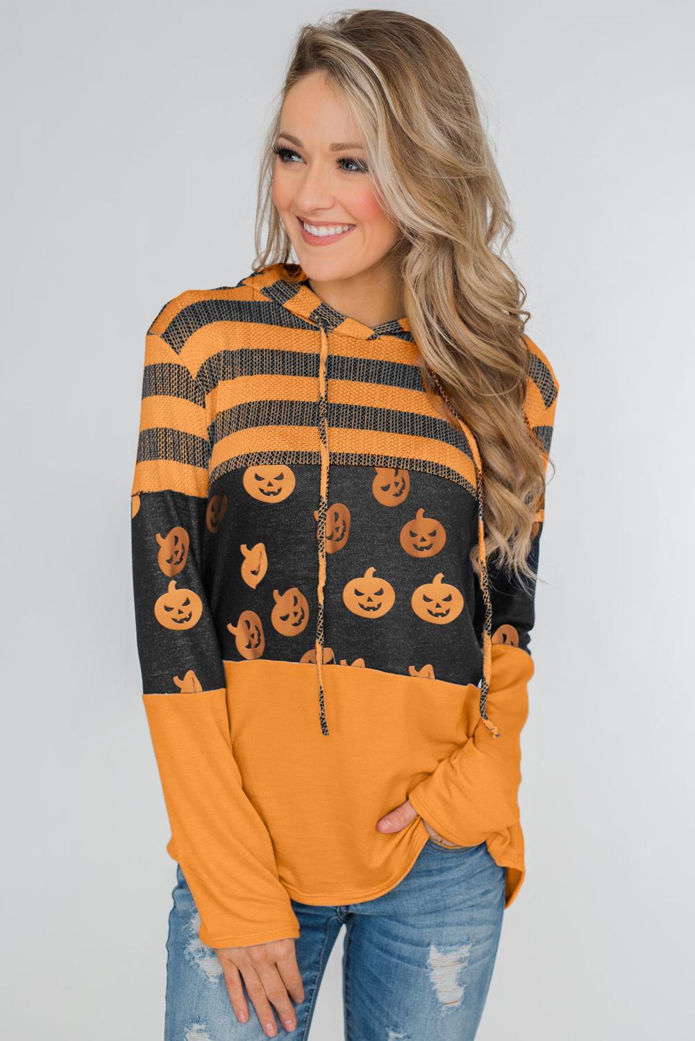 Stripes and Halloween Pumpkin Print Hoodie