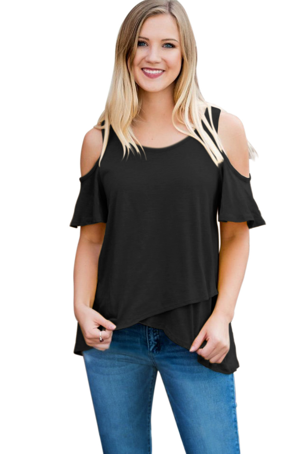Black Cold Shoulder High Low Top