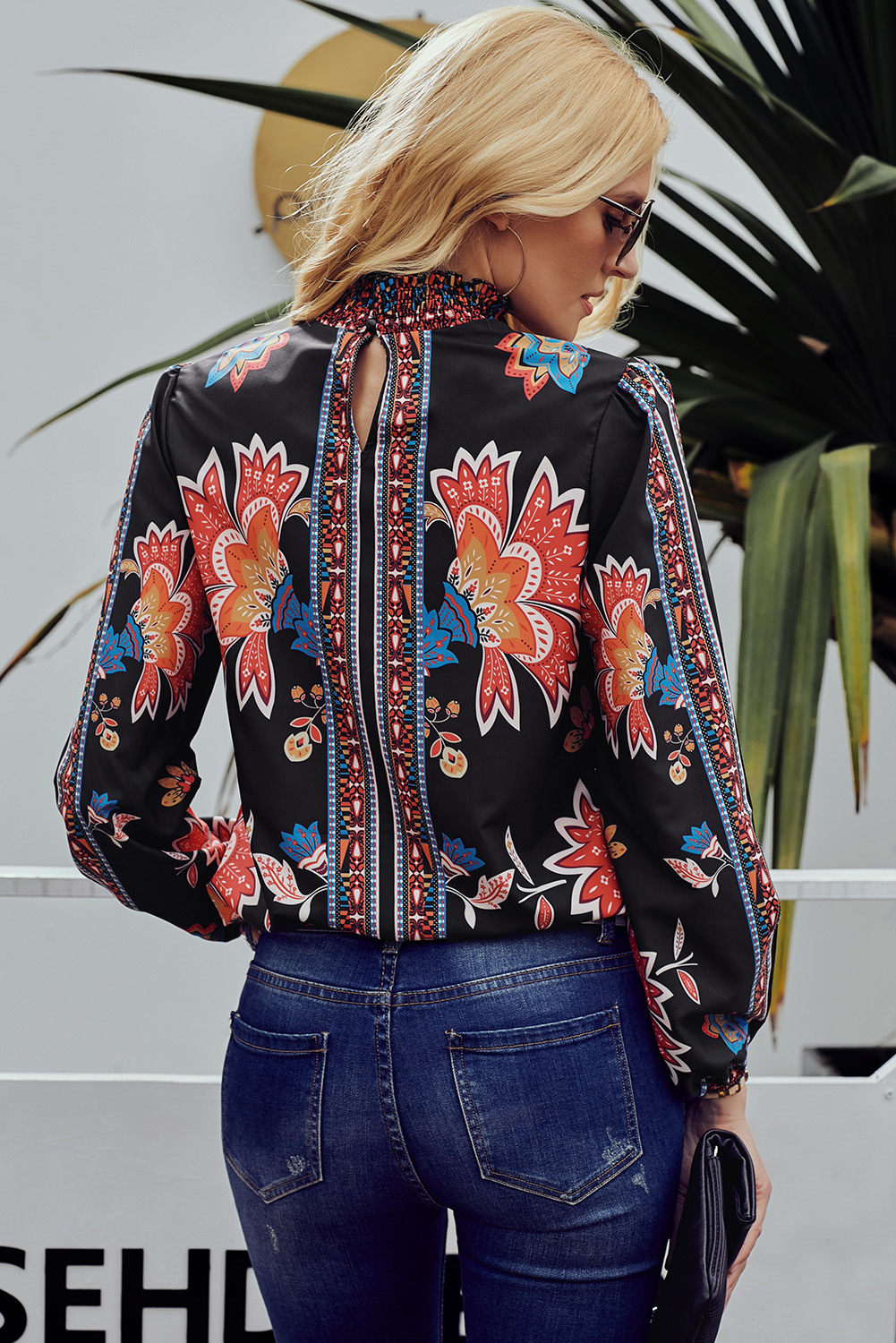 Flower Print Smocked Long Sleeve Blouse