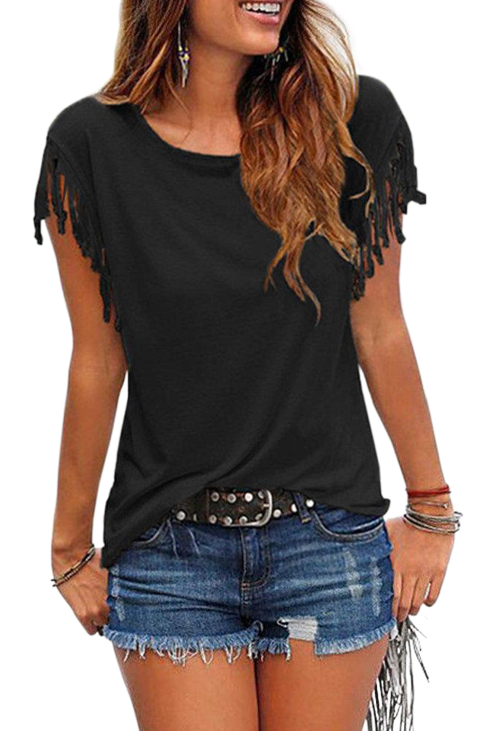 Black Casual Tassels Short Sleeve T Shirt