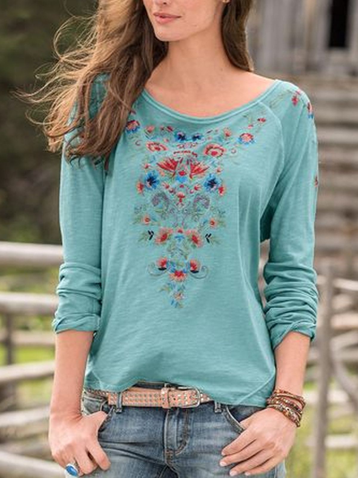 Crew Neck Casual Cotton Floral Shirts & Tops