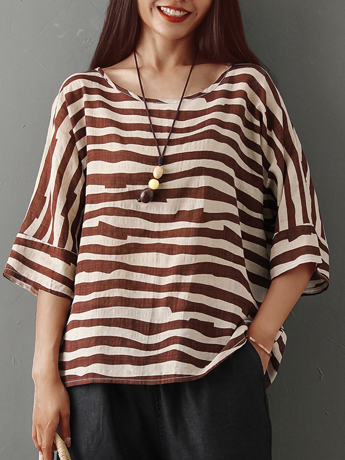 Plus Size Women Short Sleeves Round Neck Striped Floral Loose Casual Tops