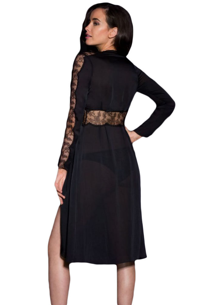 Black Lace Trim Silky Chiffon Gown with Thong