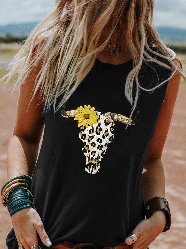 Black Club Beach Holiday Daily Animal Printed Casual Sleeveless Shift Crew Neck Vests
