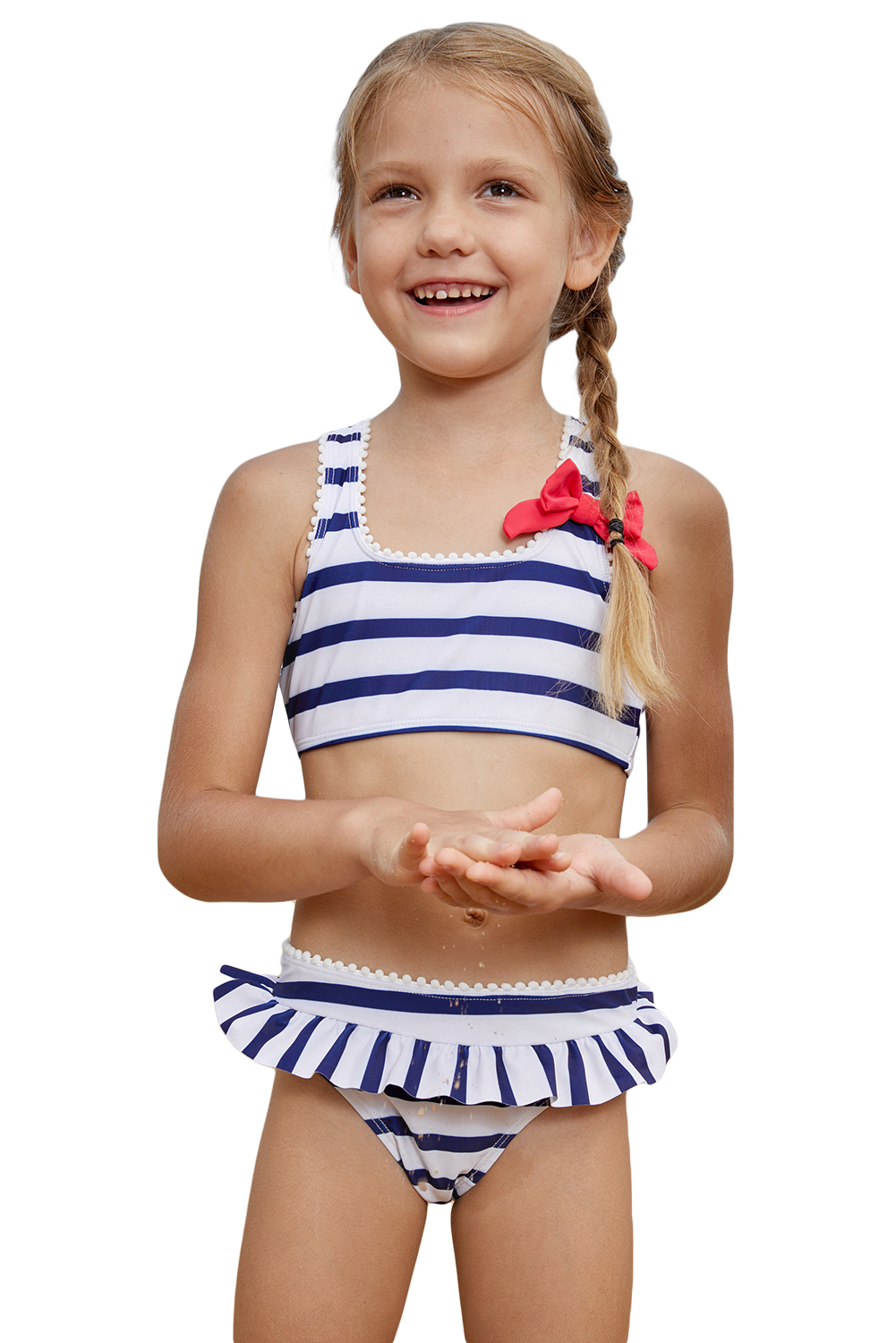 Navy Blue Striped Cross Back Bikini for Little Girls
