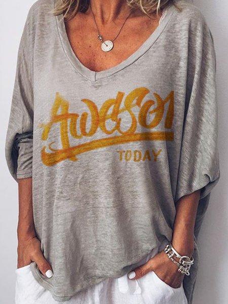 Gray V Neck Long Sleeve Letter Cotton-Blend Shirts & Tops