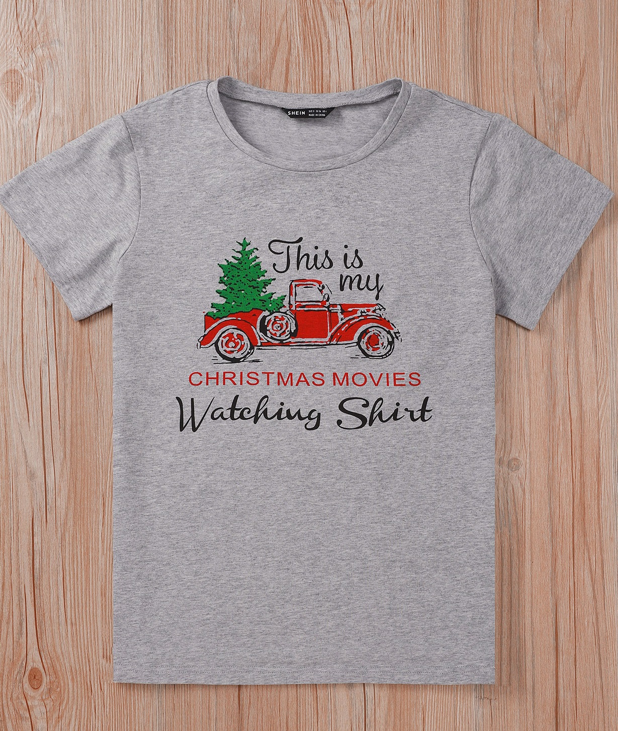 Christmas Print Round Neck Shirt with Short Sleeves