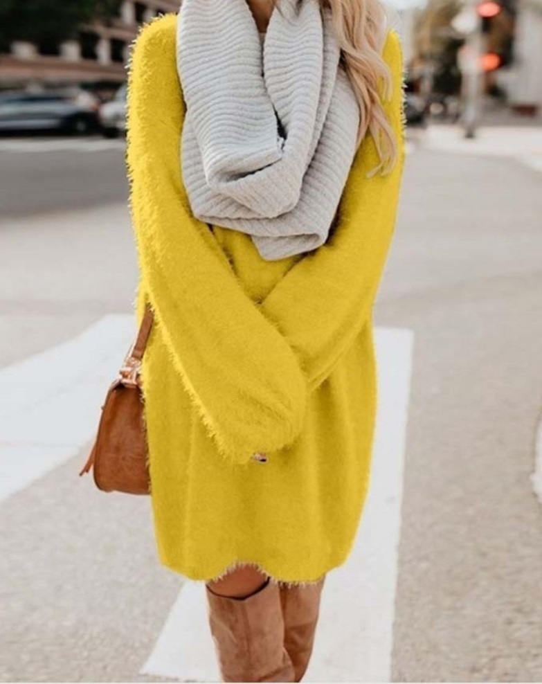 Solid Color O-Neck Long Sleeve Plush Dress