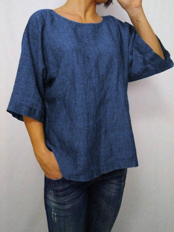 Casual Solid 3/4 Sleeve Round Neck Plus Size Tops