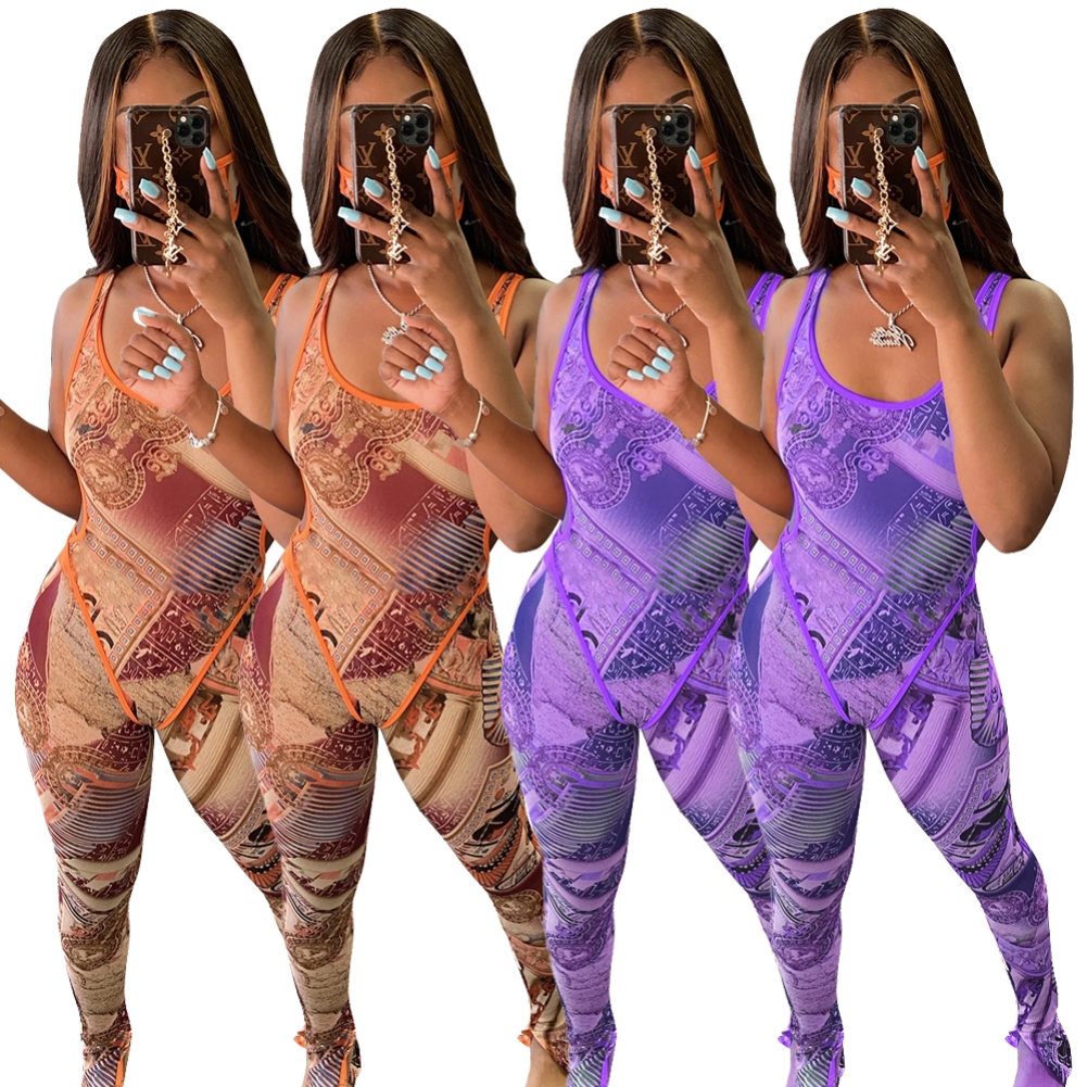 Sexy Print Two Piece Bodycon Jumpsuit
