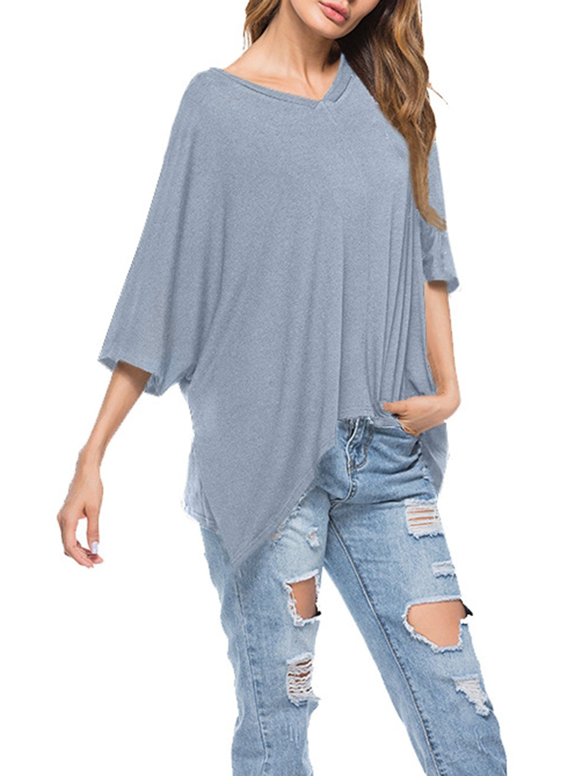 V-Neck Cotton-blend Solid Casual T-Shirt