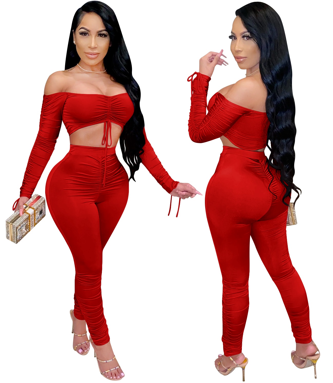 Autumn Party Solid Color Ruched Crop Top and Scrunch Pants Set