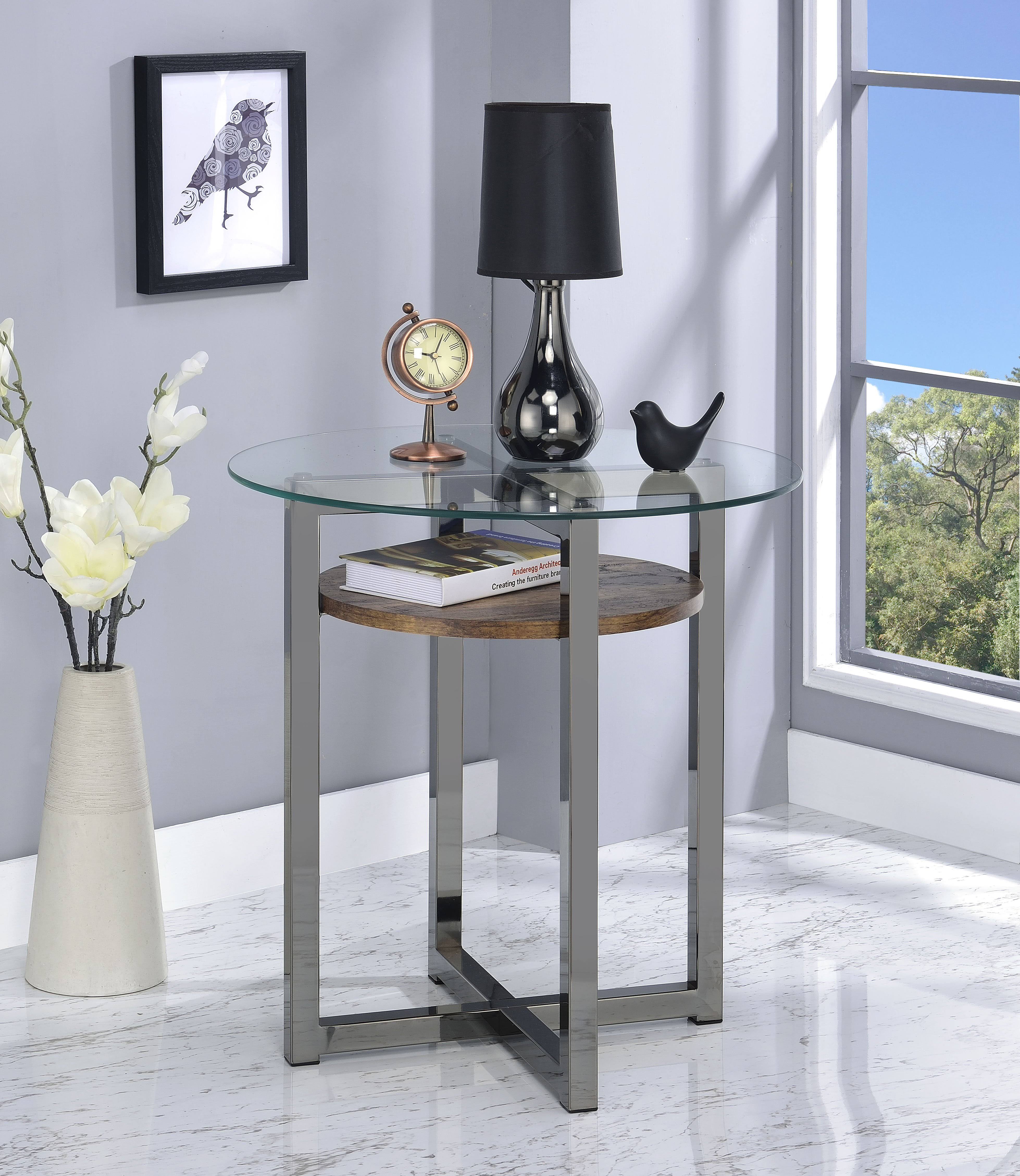 Acme Janette End Table Weathered Oak Black Nickel Glass