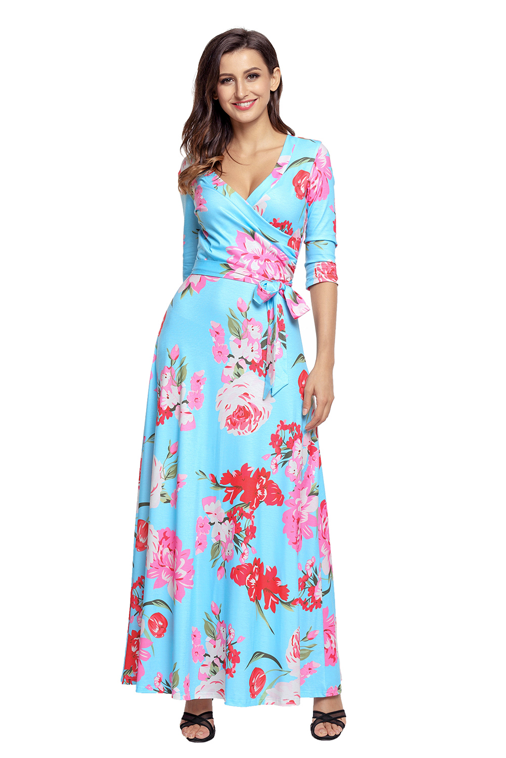 Cyan Floral Print Wrapped Long Boho Dress