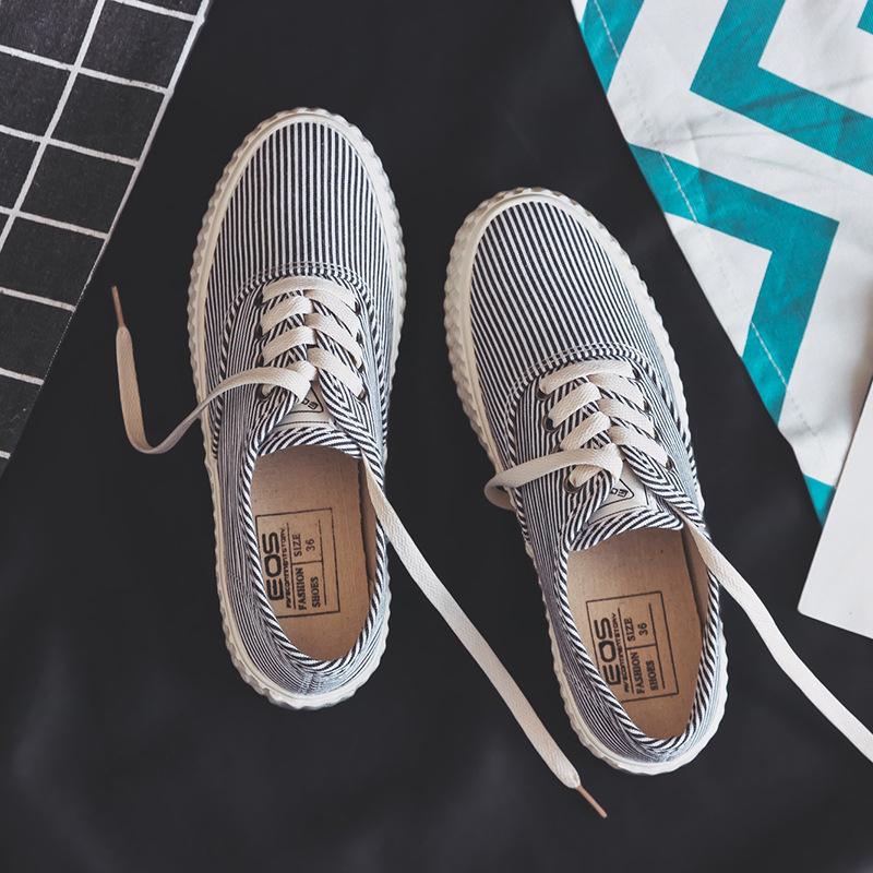 Black Stripe Canvas Lace-up Spring/Fall Daily Flats