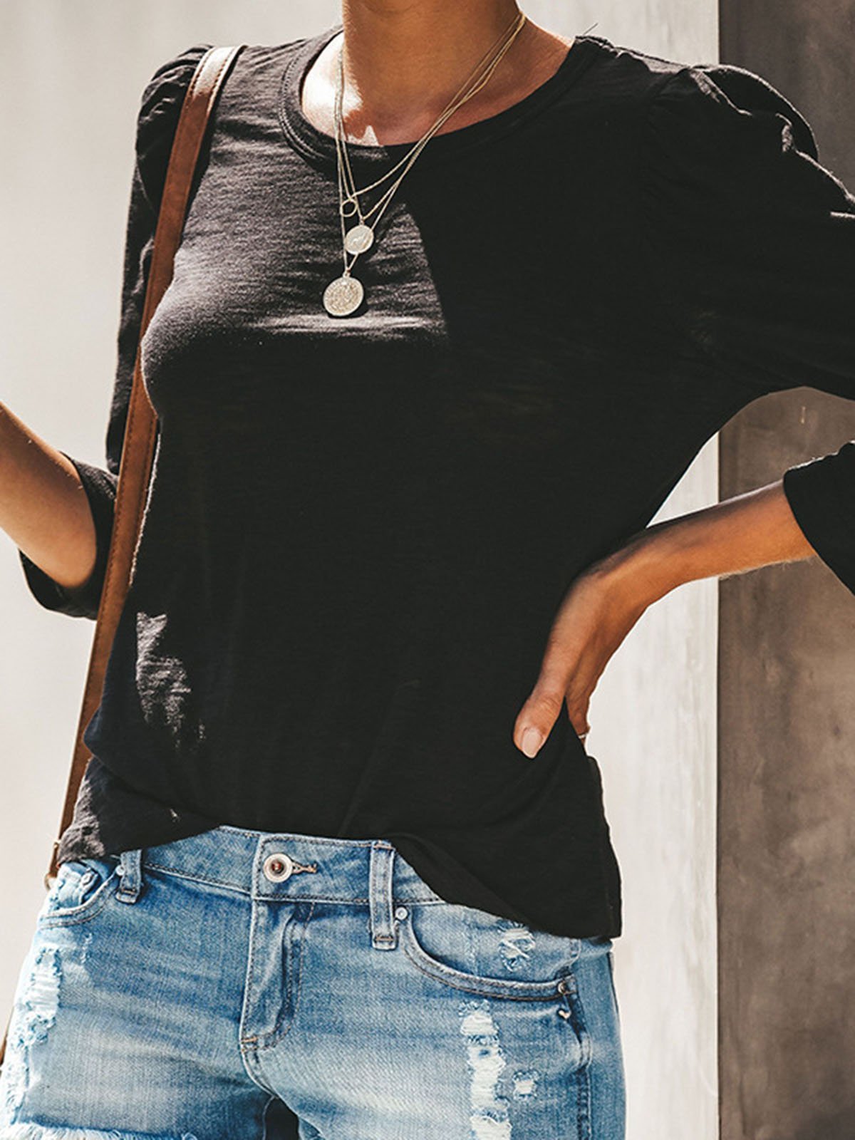 Crew Neck Plain Cotton-Blend Long Sleeve Shirts & Tops