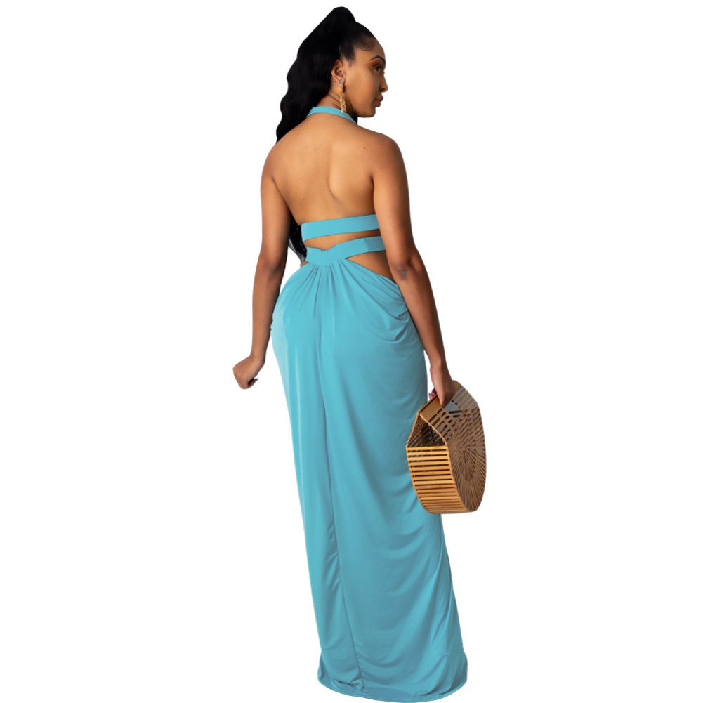 Sexy Low Back Cut Out Halter Plain Maxi Dress