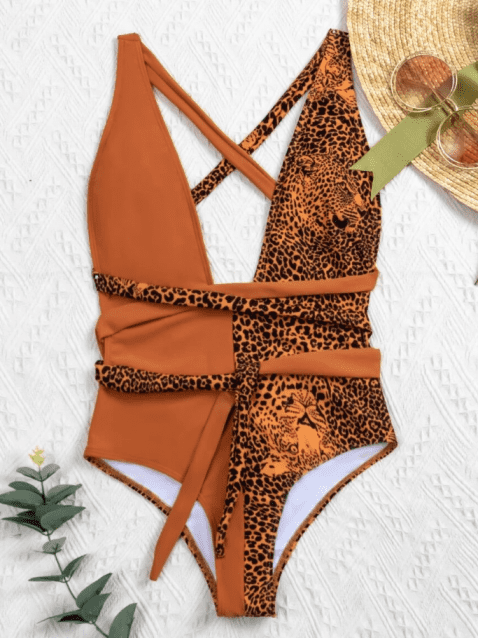 Leopard Color Block Plunging Collar One-Piece Swimwear