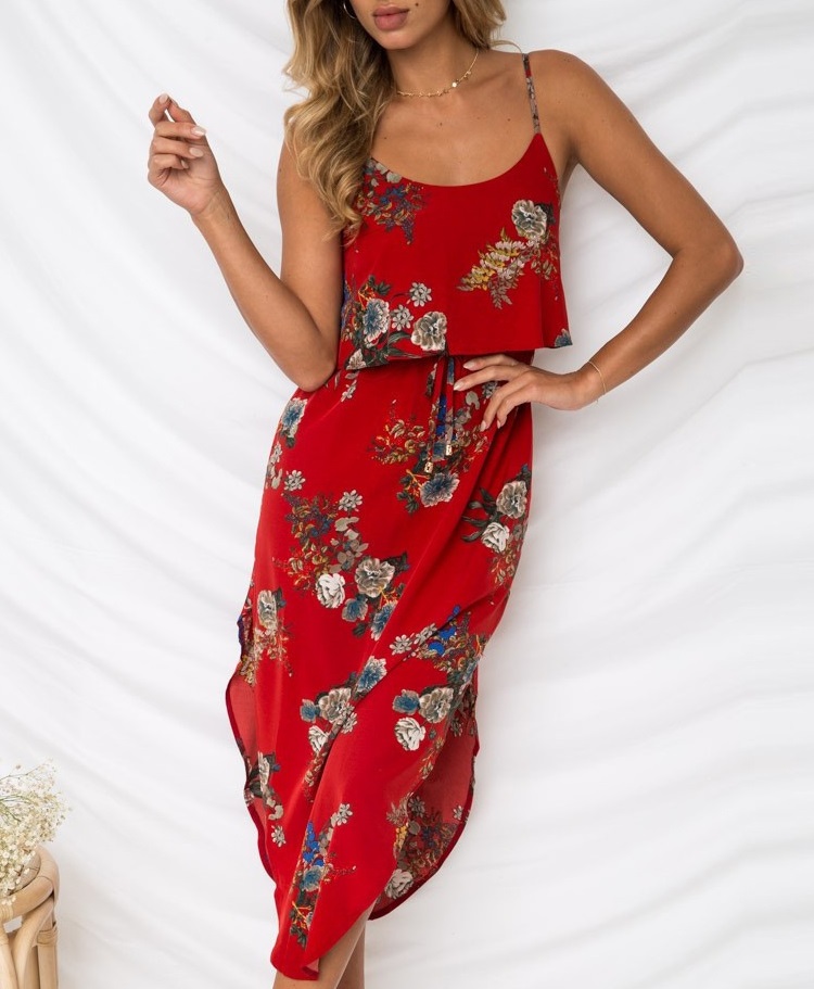 Floral Straps Irregular Long Dress