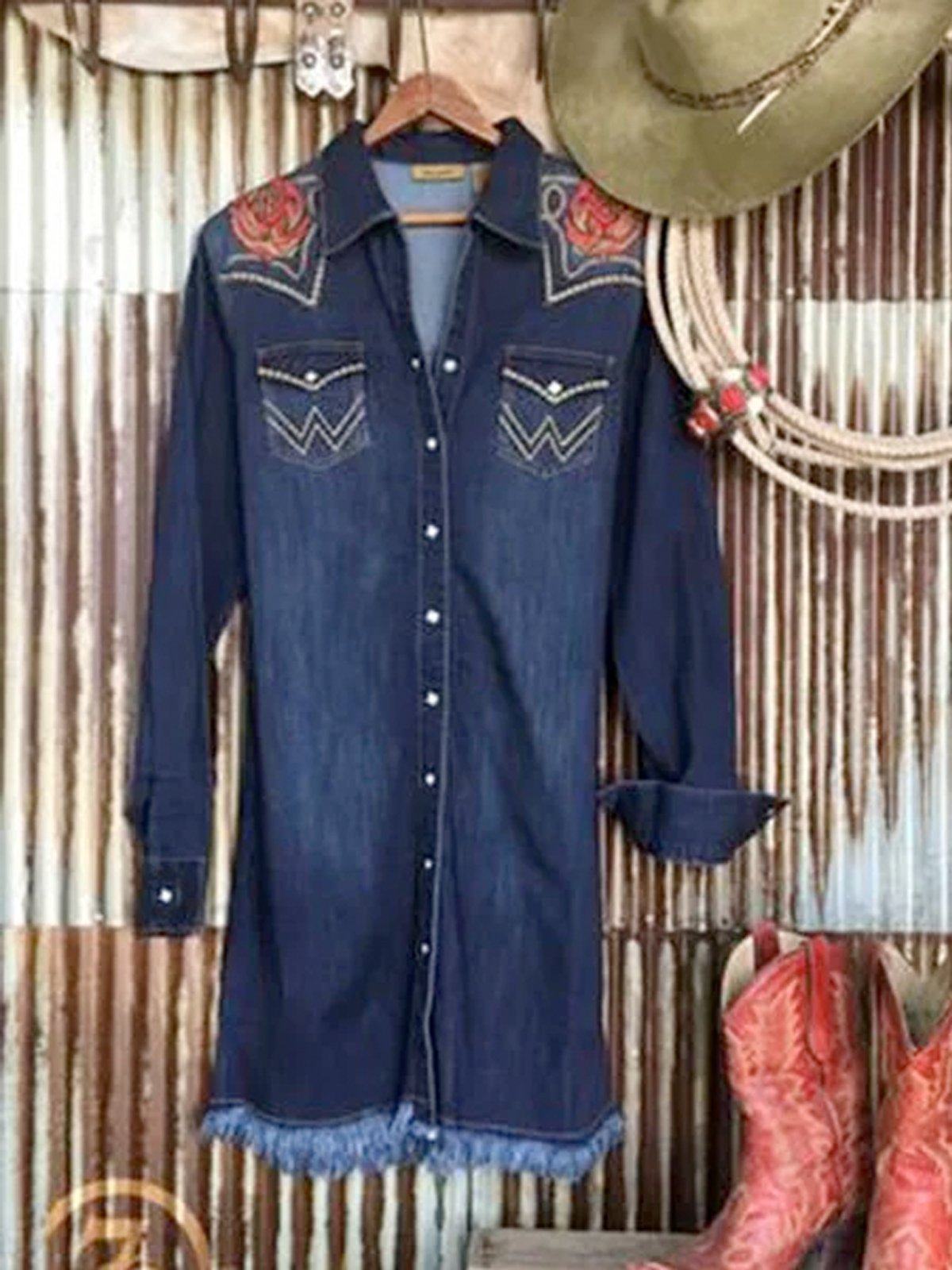 Long casual embroidered denim shirt
