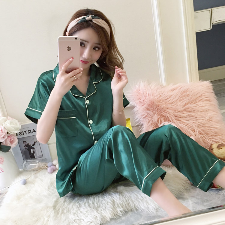 睡衣女士仿真丝夏季短袖长裤开衫少女丝绸 厂家代发 跨境亚马逊