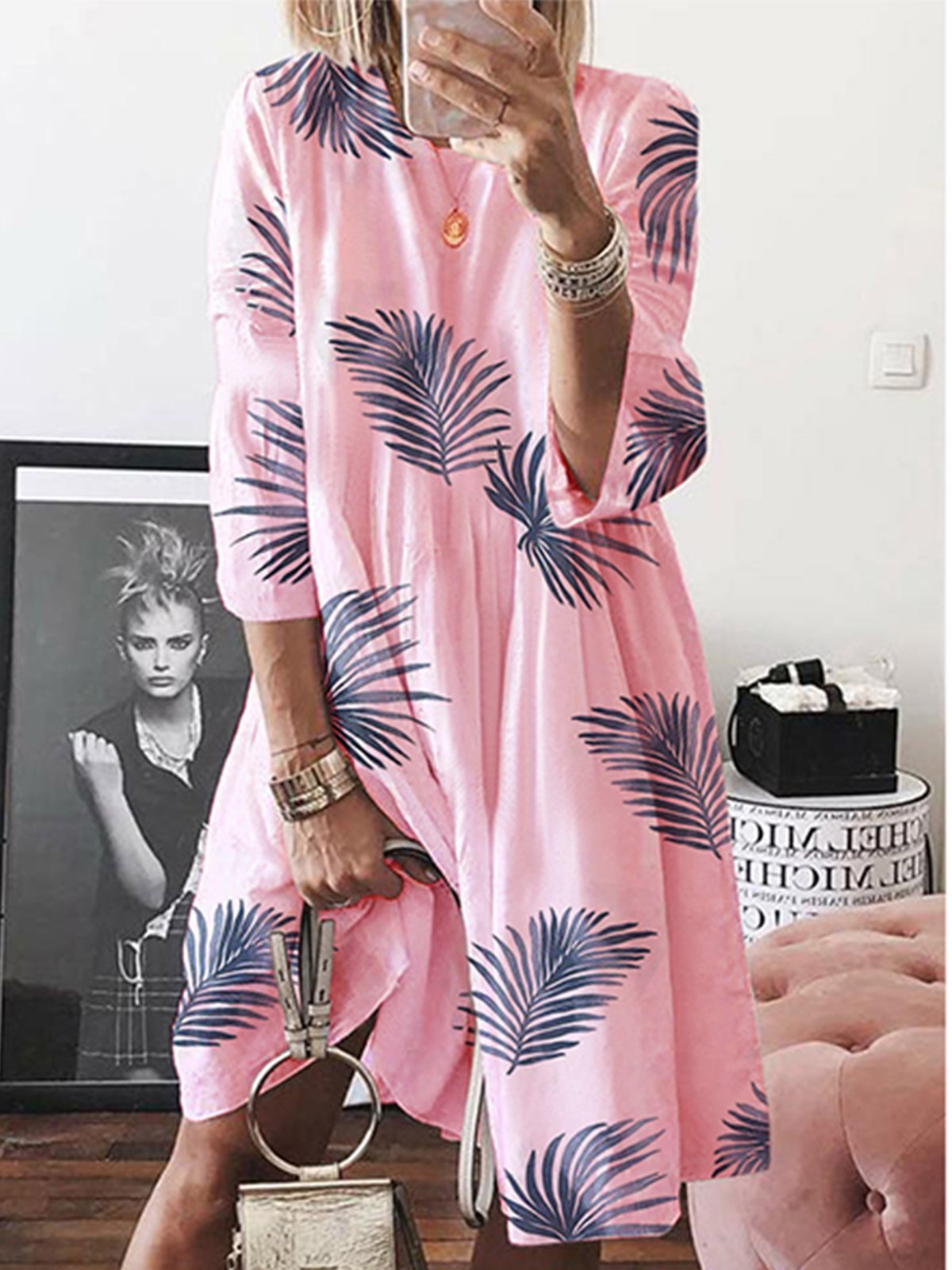 A-Line Half Sleeve Printed Cotton-Blend Dresses