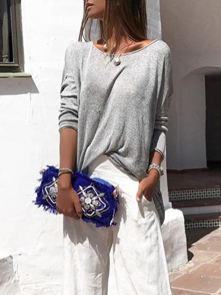 Long Sleeve Solid Crew Neck Shirts & Tops