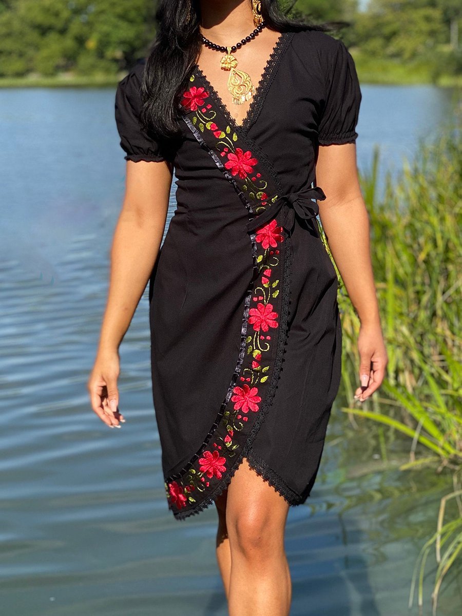 Casual Short Sleeve V Neck Polyester Cotton Dresses