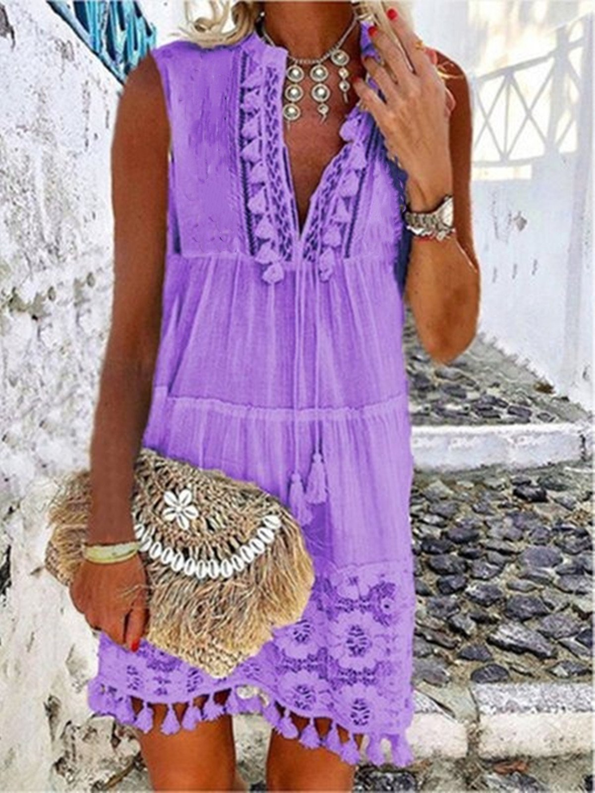 Holiday V-neck Laser-cut Sleeveless Midi Dress