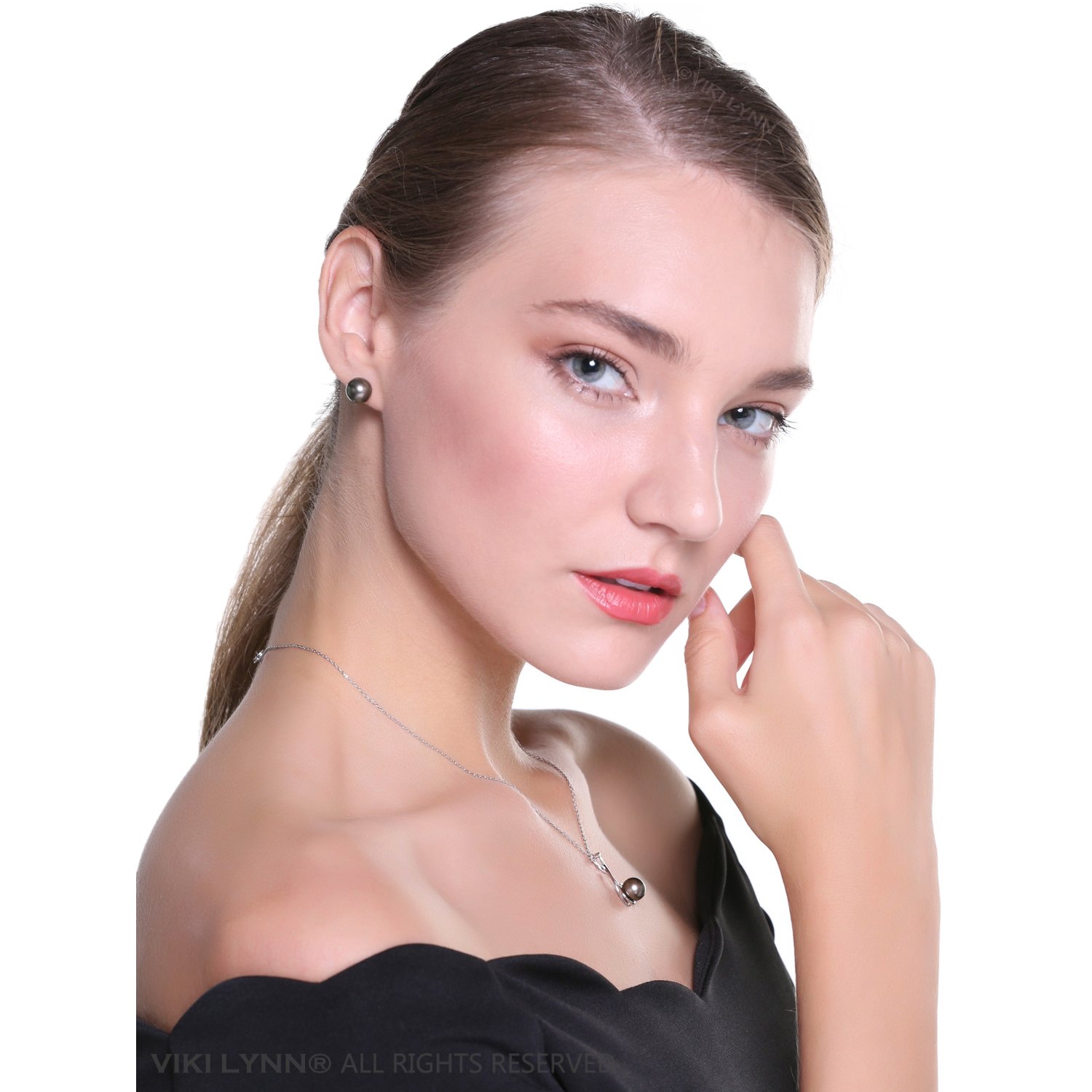 Tahitian Cultured Black Pearl Pendant Necklace 9-10mm Round Sterling Silver Anniversary Gifts for Women - VIKI LYNN