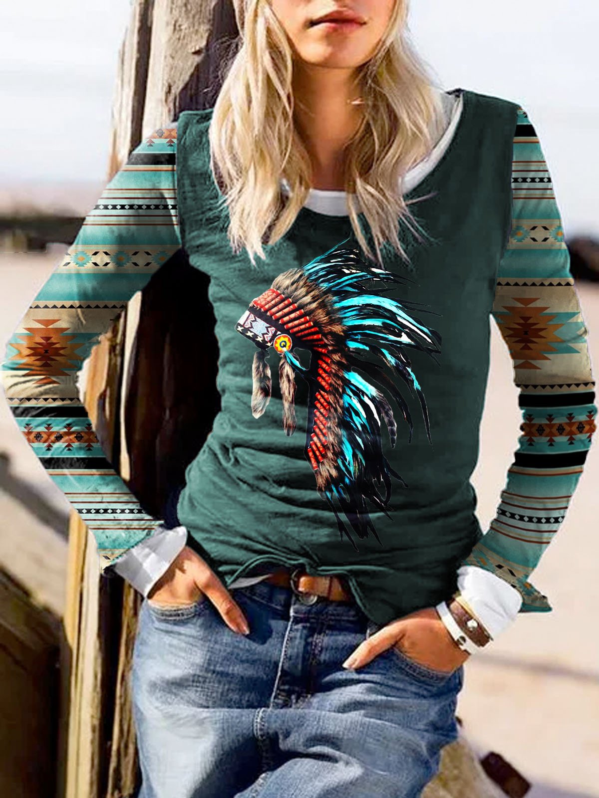 Jersey Scoop Neckline Geometric Outdoor Shirts & Tops