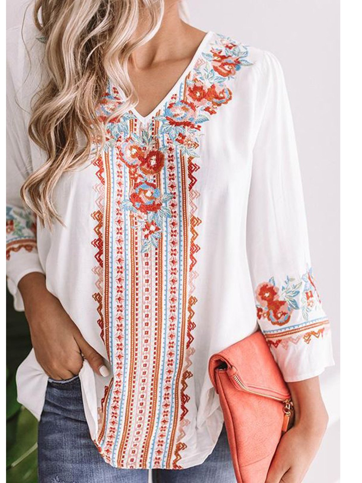Women Casual V Neck Tops Tunic Blouse Shirt